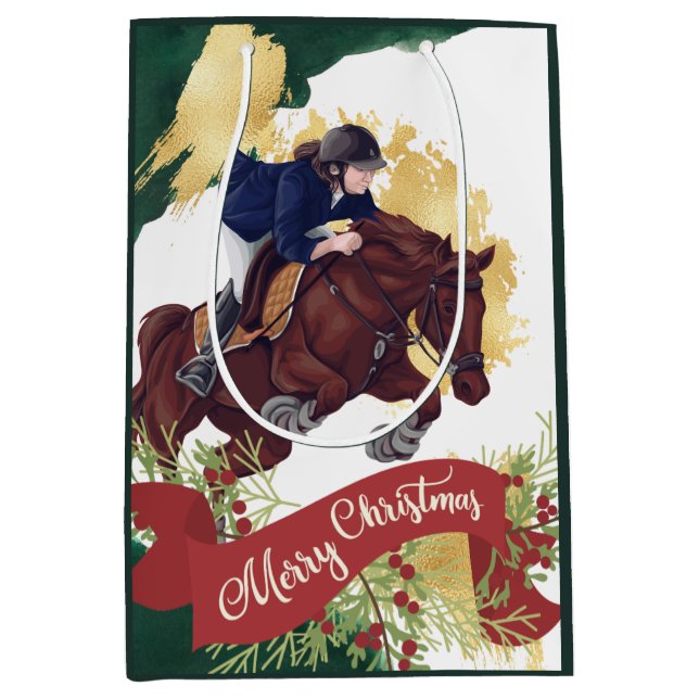 Girl and Horse Jumping farbenfrohe frohe Weihnacht Mittlere Geschenktüte (Vorderseite)