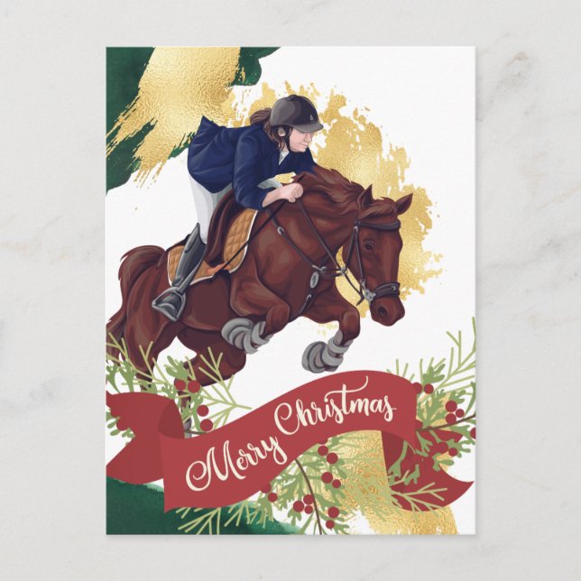 Girl and Horse Jumping farbenfrohe frohe Weihnacht Postkarte (Vorderseite)