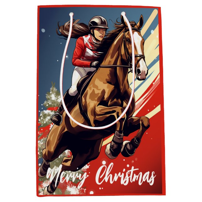Girl and Horse Jumping Frohe Weihnachten Mittlere Geschenktüte (Vorderseite)