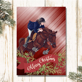 Girl and Horse Jumping Frohe Weihnachts Rot Feiertagskarte
