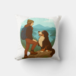 Girl and Mountain Dog Adventure Illustration Kissen