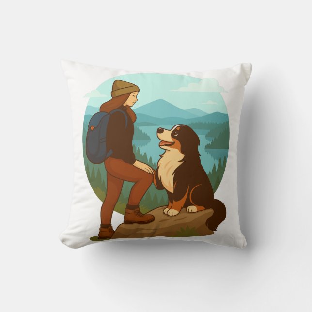 Girl and Mountain Dog Adventure Illustration Kissen (Vorderseite)