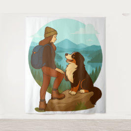 Girl and Mountain Dog Adventure Illustration Wandteppich
