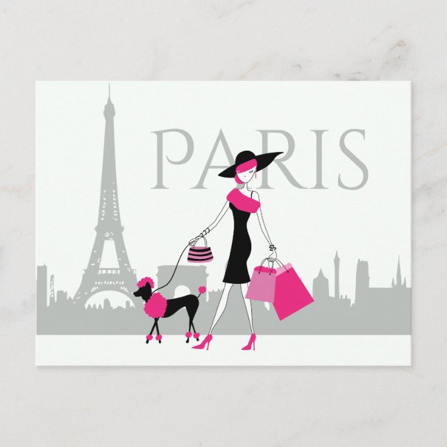 Girl and Poodle in Paris mit Eiffelturm Postkarte (Vorderseite)
