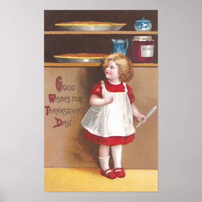 Girl and Pumpkin Pies Vintager Erntedank Poster (Vorne)