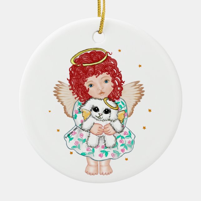 Girl Angel Holding Dog Keramikornament (Vorne)