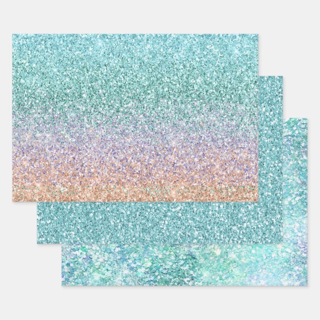 Girl Aqua Peach Gold Lila Minze Mermaid Glitzer Geschenkpapier Set (Set)