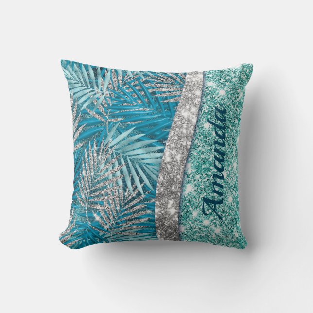 Girl-aquamarin-grün-silber-Glitzer-Blätter Monogra Kissen (Vorderseite)