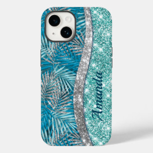 Girl-aquamarin-grüner Glitzer Blätter monogramm Case-Mate iPhone 14 Hülle