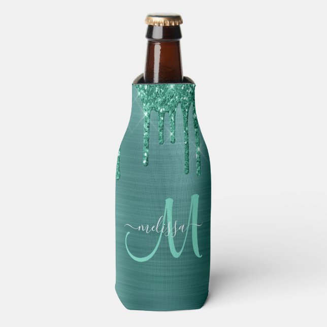 Girl-Aquamarine Tropfscheibe Glitzer gebürstetes M Flaschenkühler (Flaschenvorderseite)