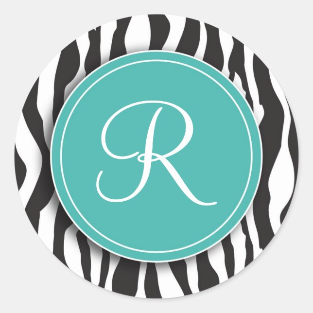 Girl Aquamarines Monogram Zebra Druckaufkleber Runder Aufkleber (Vorderseite)