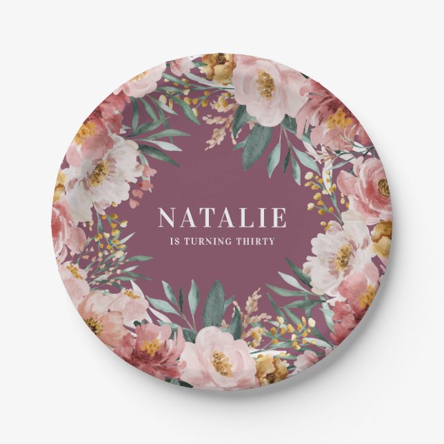 Girl Aquarellblume Geburtstag rosa Chic Pappteller (Vorderseite)