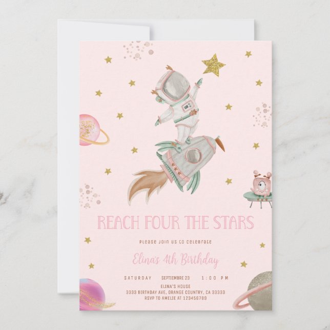 GIRL ASTRONAUT INVITATION, REACH FOUR THE STARS EINLADUNG (Vorderseite)
