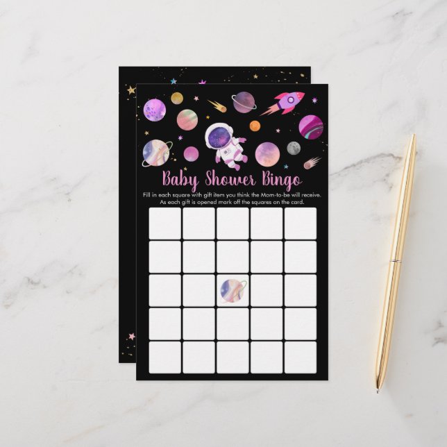 Girl Astronaut Outer Space Baby Dusche Bingo Spiel (Vorderseite/Rückseite Beispiel)
