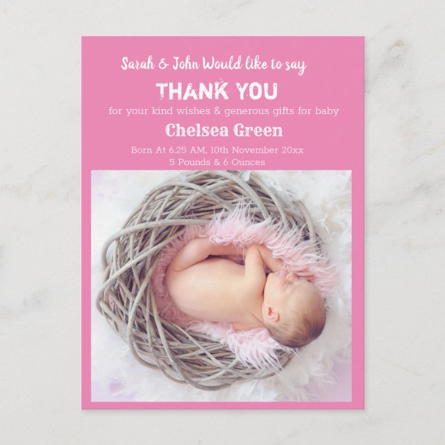 Girl Baby Birth Ankündigung Vielen Dank Postkarte (Vorderseite)