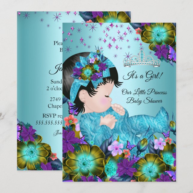 Girl Baby Dusche Aquamarin Blau Lila Blüte Einladung (Vorne/Hinten)
