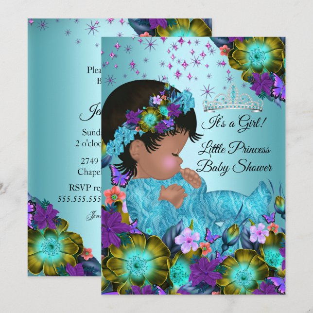 Girl Baby Dusche Aquamarin Blue Lila Floral Ethnic Einladung (Vorne/Hinten)