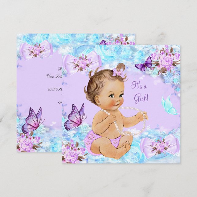 Girl Baby Dusche Aquamarine Lila Butterfly Brünett Einladung (Vorne/Hinten)