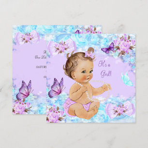 Girl Baby Dusche Aquamarine Lila Butterfly Brünett Einladung