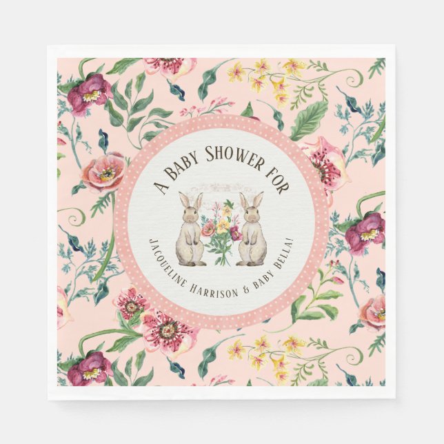 Girl Baby Dusche Aquarellkaninchen in Blumenrosa Serviette (Vorderseite)