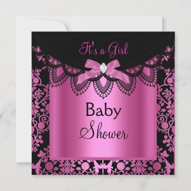 Girl Baby Dusche Damask Hot Pink Black Einladung (Vorderseite)