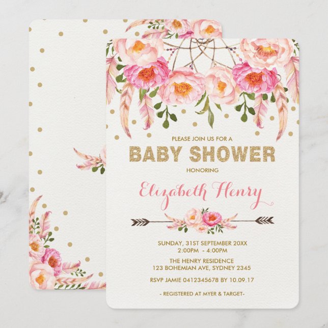 Girl Baby Dusche Einladung Pink Gold Boho Blume (Vorne/Hinten)