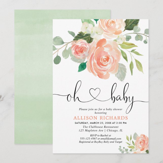 Girl baby dusche florale Aquarelle Pfirsichgrün Einladung (Vorne/Hinten)