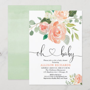 Girl baby dusche florale Aquarelle Pfirsichgrün Einladung