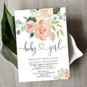 Girl baby dusche florale Aquarelle Pfirsichgrün Einladung