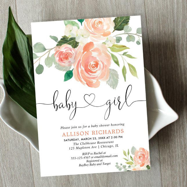 Girl baby dusche florale Aquarelle Pfirsichgrün Einladung (Von Creator hochgeladen)