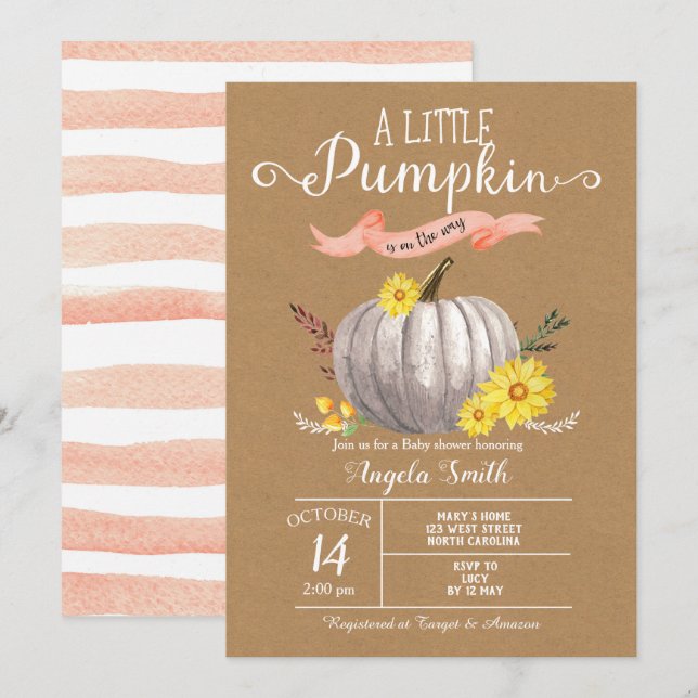 Girl Baby Dusche Little Pumpkin Fall Invite Einladung (Vorne/Hinten)