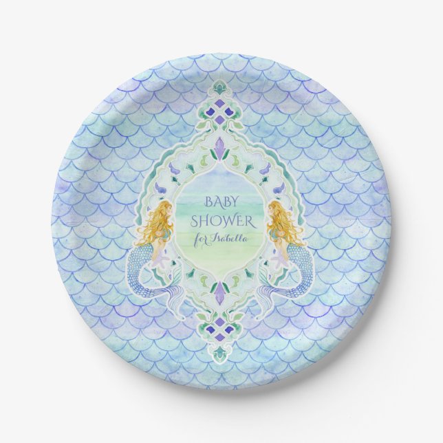 Girl Baby Dusche Meerjungfrau Fish Scale Muster Pappteller (Vorderseite)