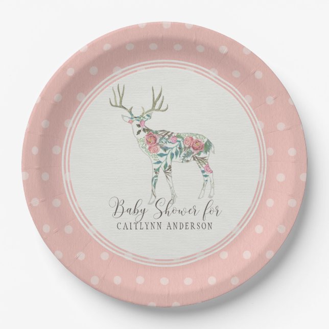 Girl Baby Dusche Moderne Floral Rose Deer Antler Pappteller (Vorderseite)