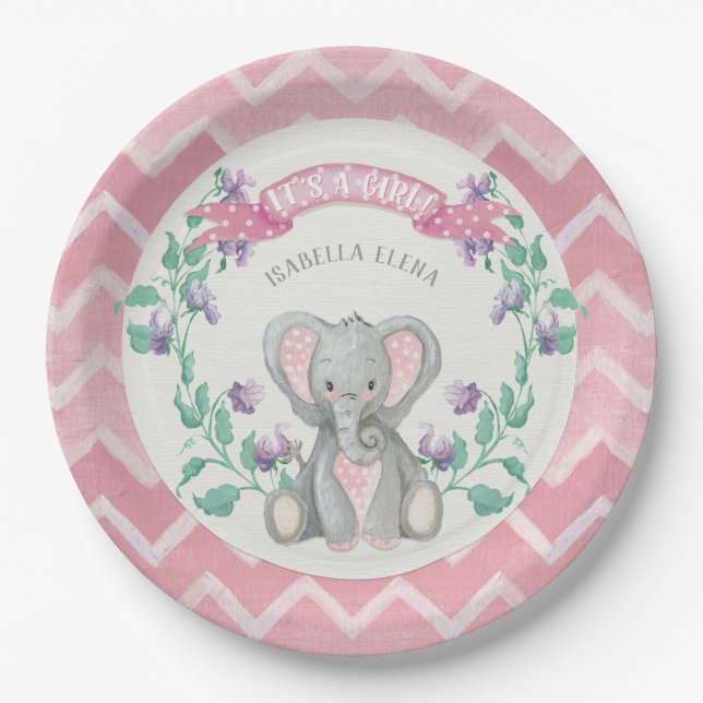 Girl Baby Dusche Niedlich Elephant Platterbsen Zic Pappteller (Vorderseite)