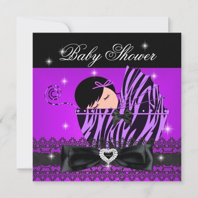 Girl Baby Dusche Party Lila Black Lace Einladung (Vorderseite)