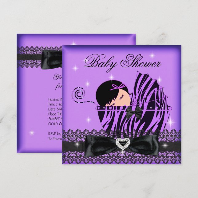 Girl Baby Dusche Party Lila Black Lace Einladung (Vorne/Hinten)