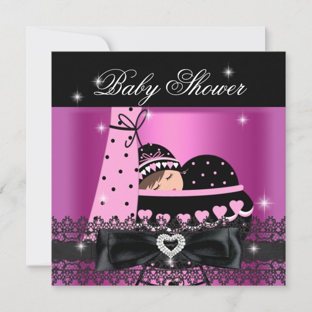 Girl Baby Dusche Party Pink Black Lace Einladung (Vorderseite)