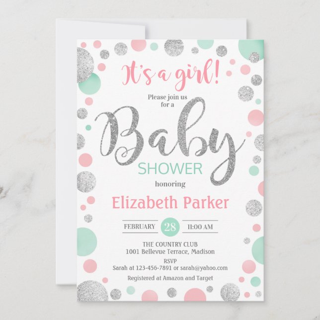 Girl Baby Dusche - Pink Mint Silver Dots Einladung (Vorderseite)