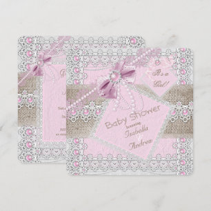 Girl Baby Dusche Pink Pearl Bow Lace Burlap 2 Einladung