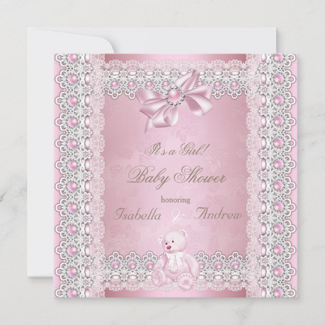Girl Baby Dusche Pink Pearl Bow Lace Damask Einladung (Vorderseite)