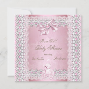 Girl Baby Dusche Pink Pearl Bow Lace Damask Einladung