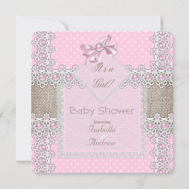 Girl Baby Dusche Pink Pearl Bow Lace Polka Dots Einladung (Vorderseite)