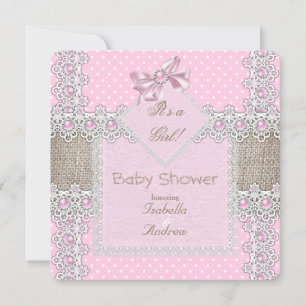 Girl Baby Dusche Pink Pearl Bow Lace Polka Dots Einladung