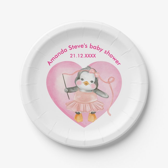 Girl Baby Dusche Pink Pinguin Tierpapierplatte Pappteller (Vorderseite)