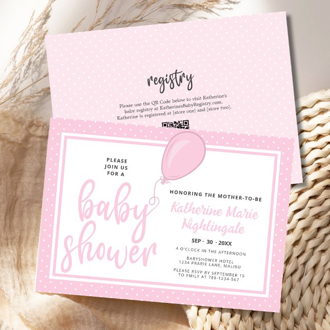 Girl Baby Dusche Pink Polka Dot BOHO QR Code Einladung (Pastel Pink Polka Dot Baby Shower Invitation with balloon, QR code, registry.)