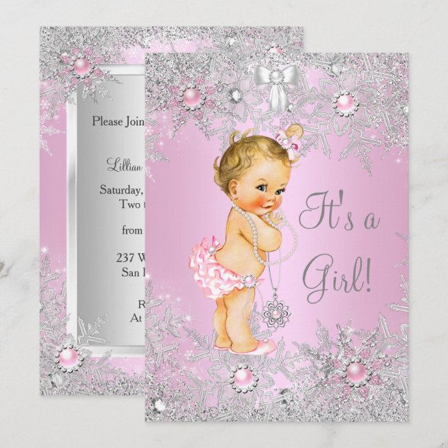 Girl Baby Dusche Pink Winter WonderLand Blonde Einladung (Vorne/Hinten)
