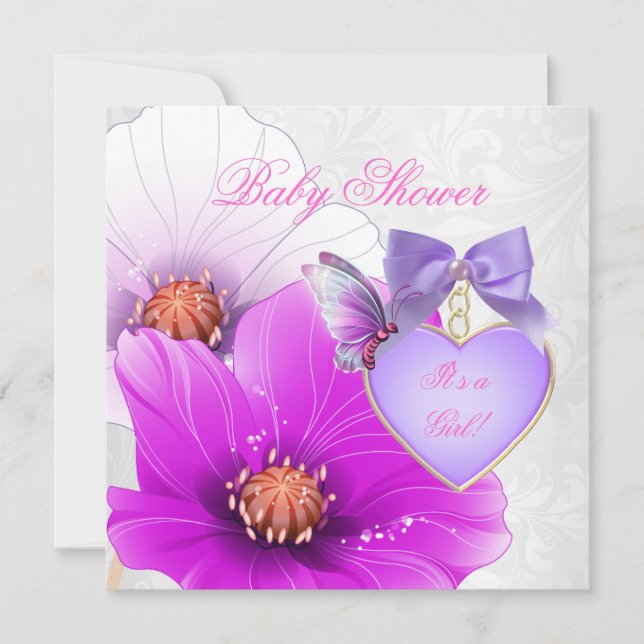 Girl Baby Dusche Rosa Lila Schmetterling Einladung (Vorderseite)