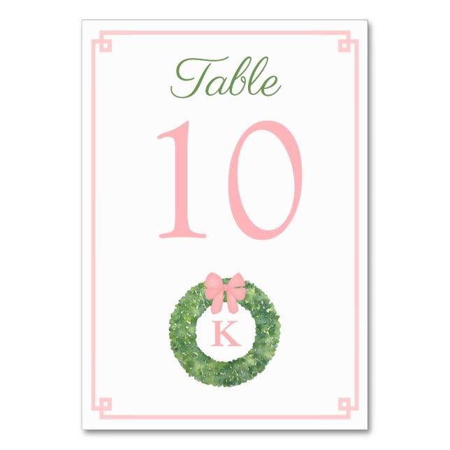 Girl Baby Dusche Rosa Monogram Boxwood Wreath Tischnummer (Vorderseite)