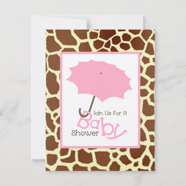 Girl Baby Dusche - Rosa Regenschirm & Giraffe Prin Einladung (Vorderseite)
