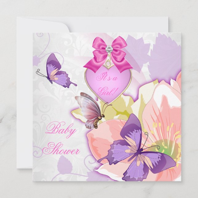 Girl Baby Dusche Rosa Schmetterling Lila Einladung (Vorderseite)